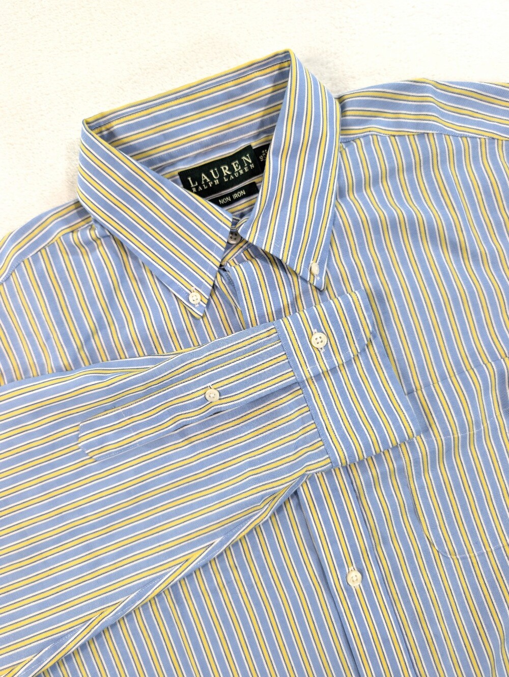 Lauren Ralph Lauren Blue Yellow Striped Non Iron Button Down Dress Shirt 16‎
